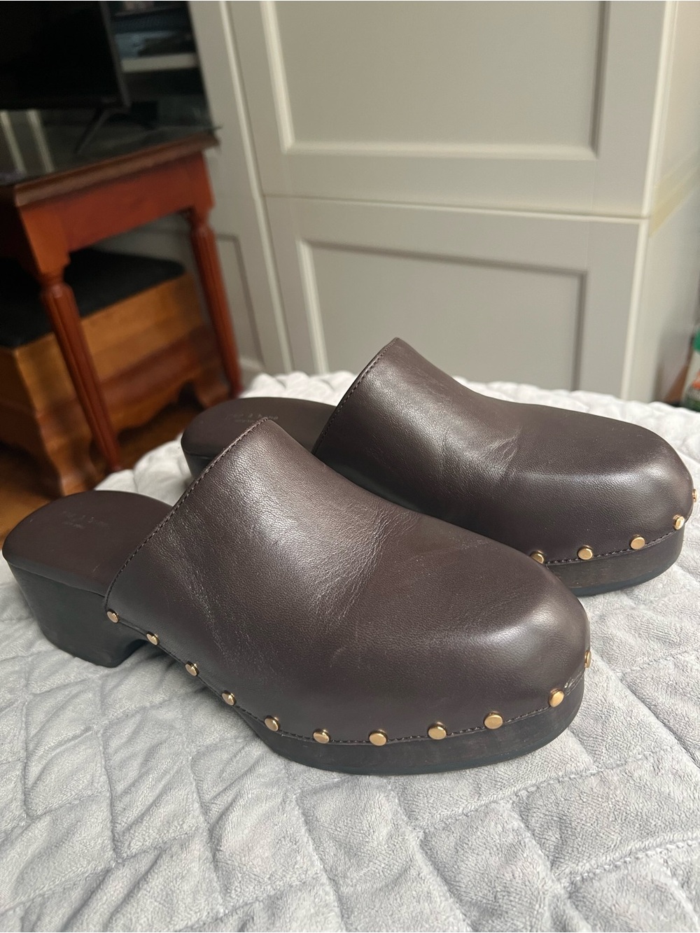 Rag & Bone Dark Brown Leather Studded Wooden Clogs Mules EU 40 US 9